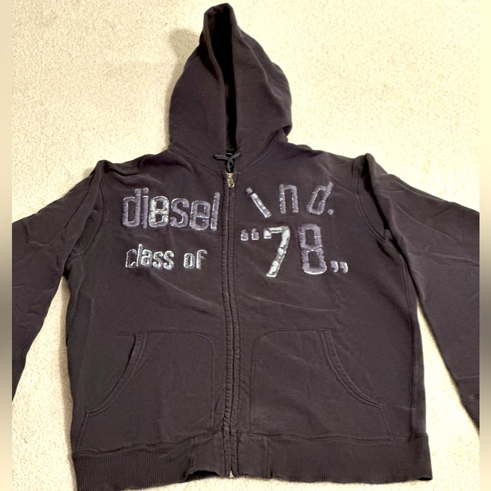 Vintage Diesel Black Zip-Up Hoodie with Metallic Logo RARE
